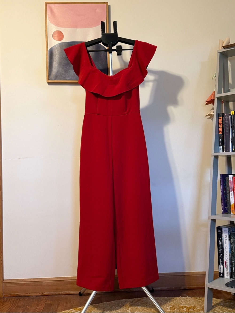 H&M Red Ruffle-Shoulder Wide-Leg Jumpsuit